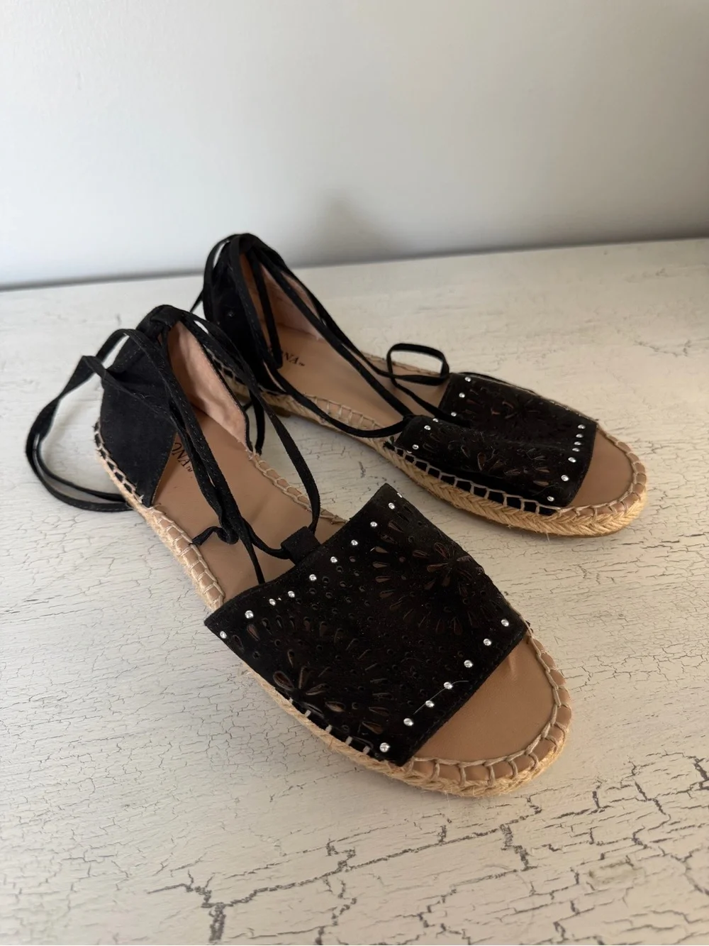 Merona Black Laser-Cut Suede Espadrille Sandals with Lace Up Ties